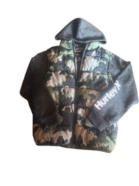Hurley Kids Camouflage Puffer Hoodie in Green and Gray